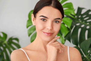 Woman smiles in front of plant after telling friend to contact Advanced Dermal Health & Aesthetics